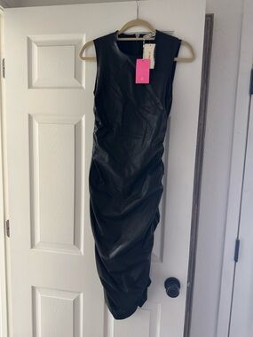 Evereve Black Faux-Leather Ruched Midi Dress
